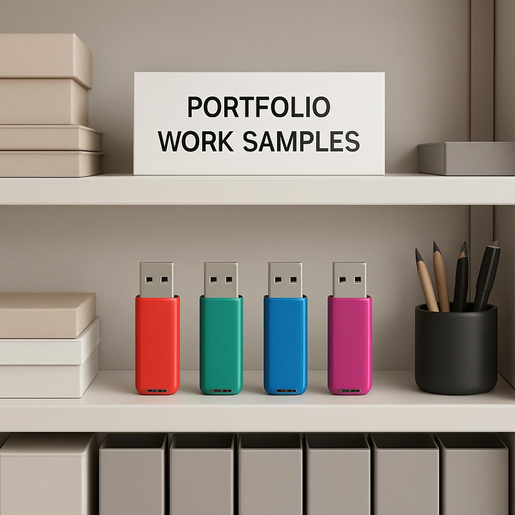 A shelf with three flash drives and a sign that says "Portfolio Work Samples".