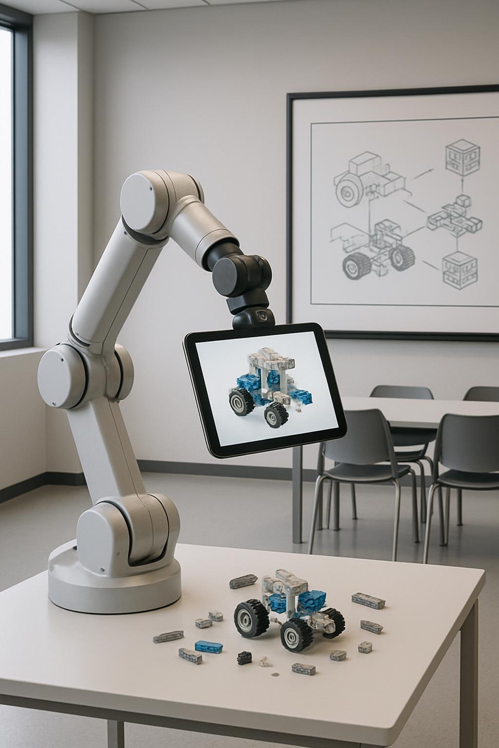 A white robotic arm with a tablet attached to it displays a blue and white model tractor, assembled by small building piec...