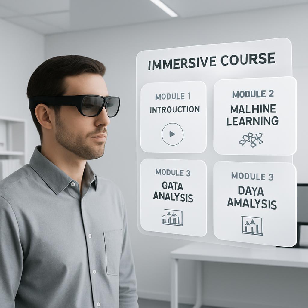 "Man in office wearing virtual reality goggles, standing in front of a large digital display showing an immersive course o...