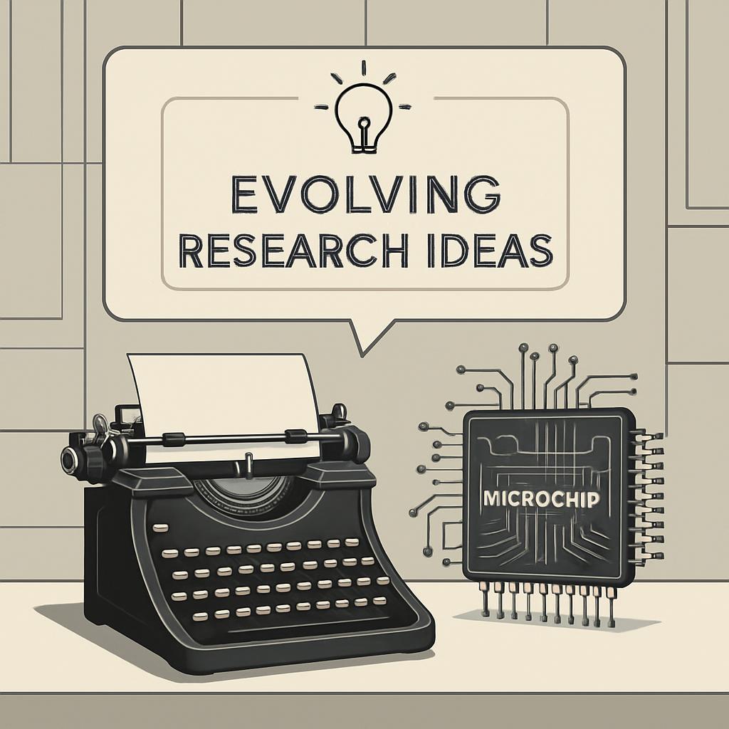 A cartoon graphic featuring an old typewriter and a microchip, with text "evolving research ideas".