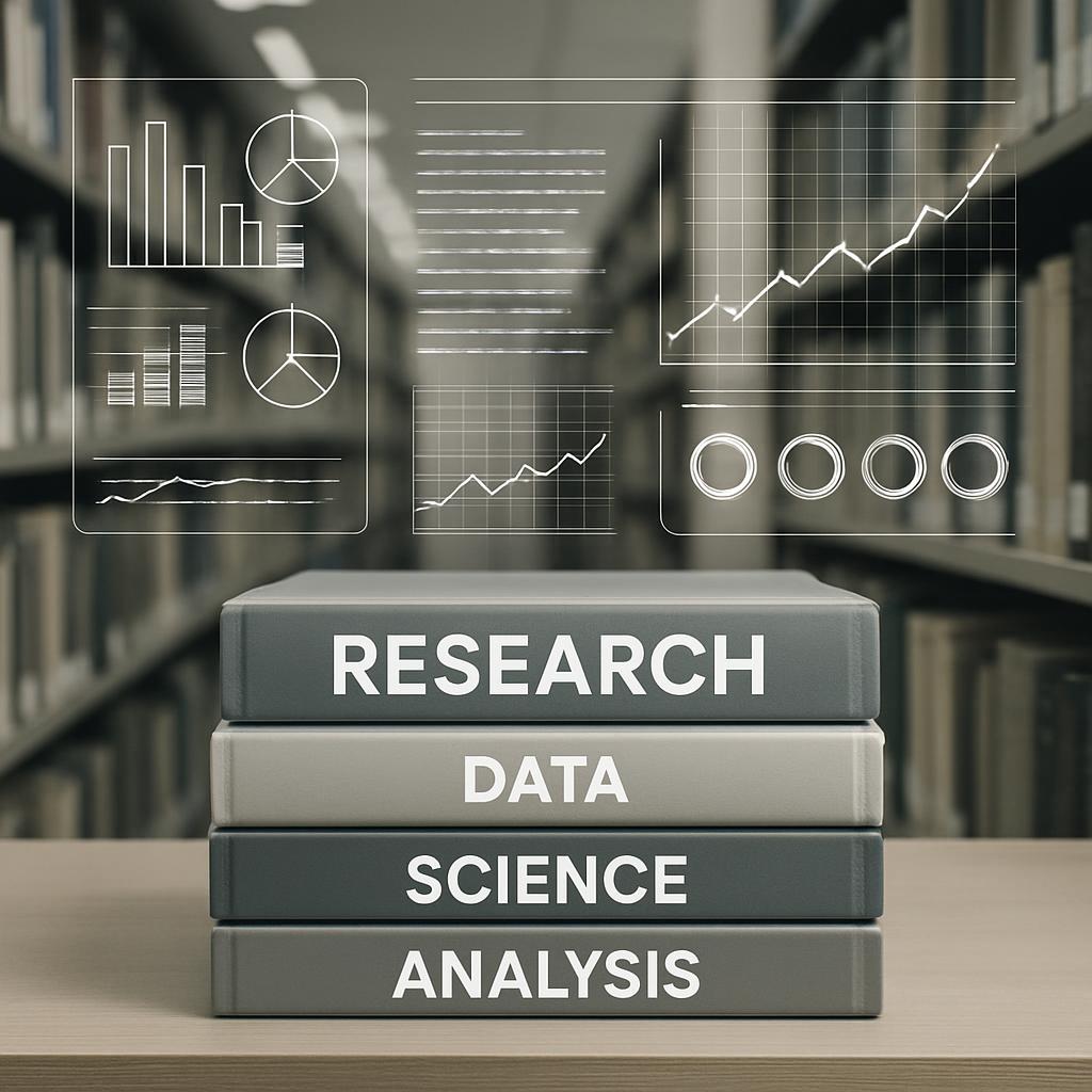 Three Dimensional Graphs, Charts and Data Representing the Fields of Research with Books on Data, Science and Analysis.