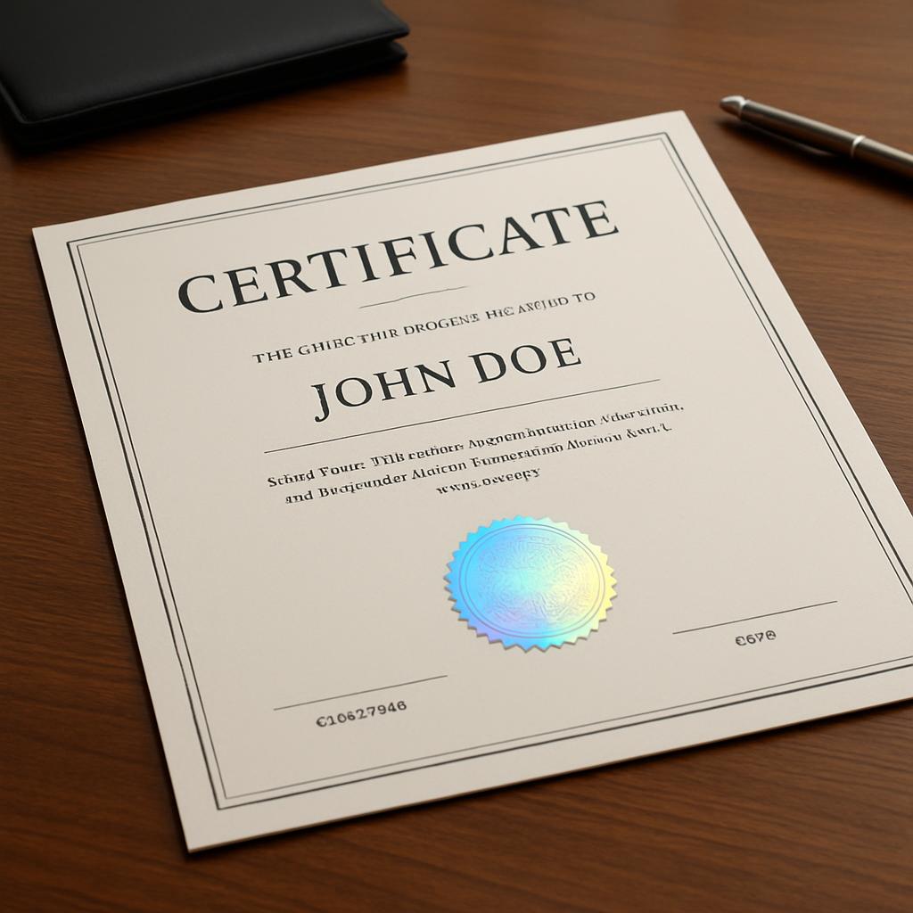 A certificate on a table with a pen and book in the background.